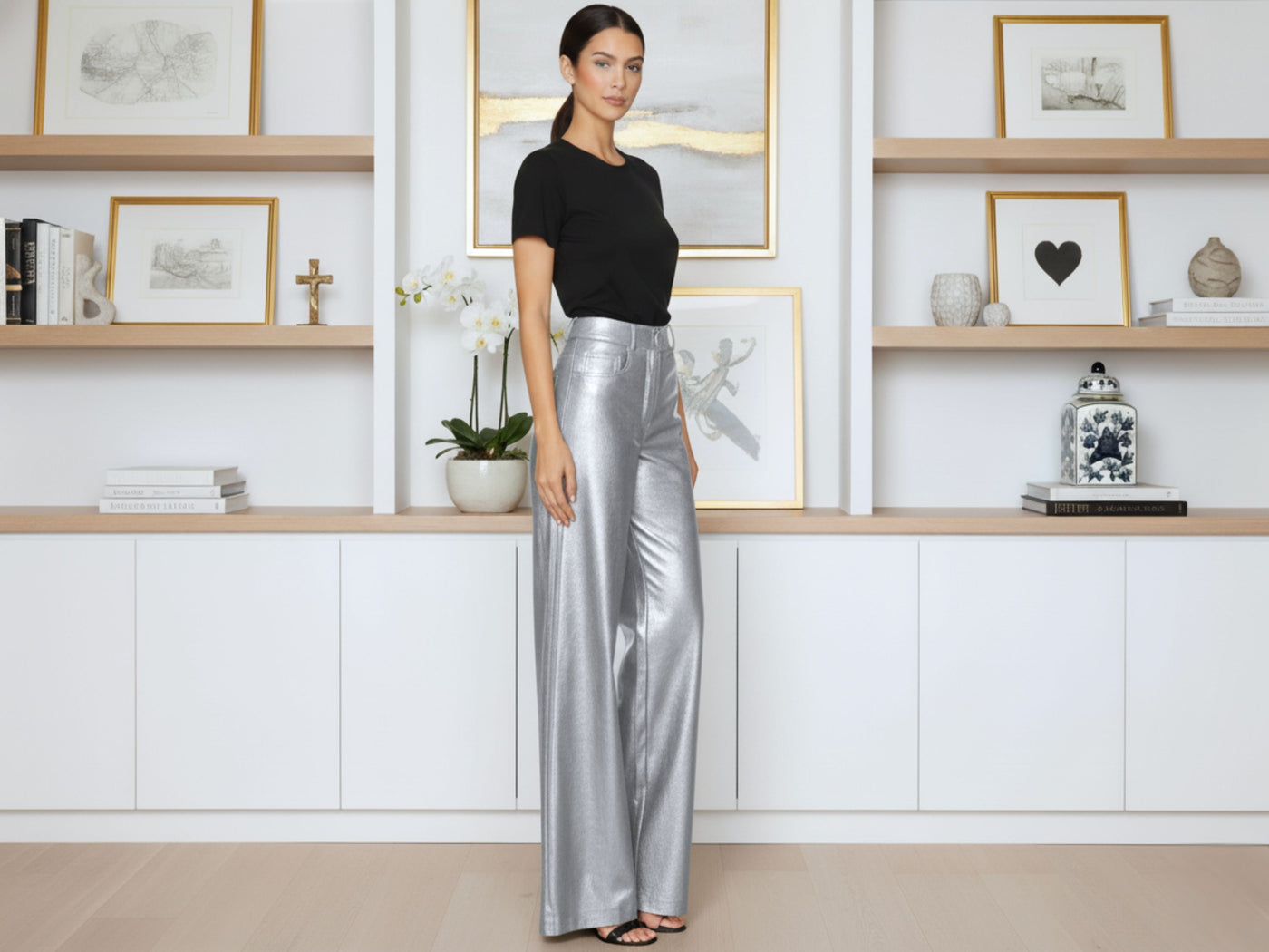 Elephant Metallic silver Faux Leather Wide Leg Jeans Wholesale | Custom Private Label Pants Manufacturer