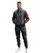 Custom Lambskin Leather Tracksuit Men Black Red | Wholesale Private Label Leather Manufacturer