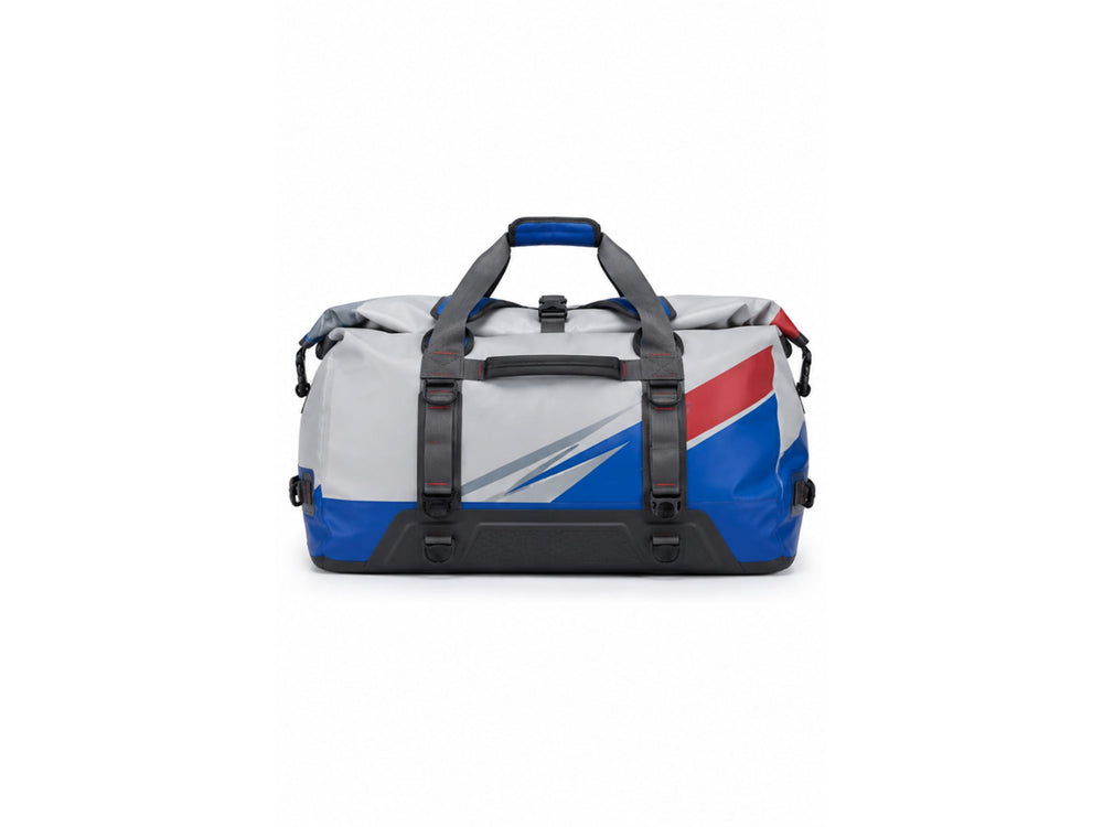Custom Fishing Duffle Bag | Wholesale Fishing Gear Bag | Navy White Red Shark | Apparels Bridge front design preview