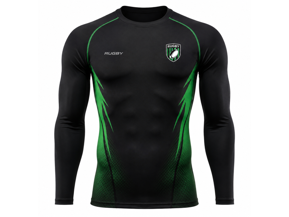Custom Black Green Rugby Compression Shirt | Wholesale Team Base Layer for Bulk Orders front design preview