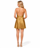 Wholesale Gold Satin Short Prom Dress, Custom Halter A Line Mini Formal Dress Manufacturer for Private Label Boutiques