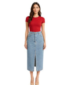 Custom Women’s Front-Slit Denim Midi Skirt for Private Labels