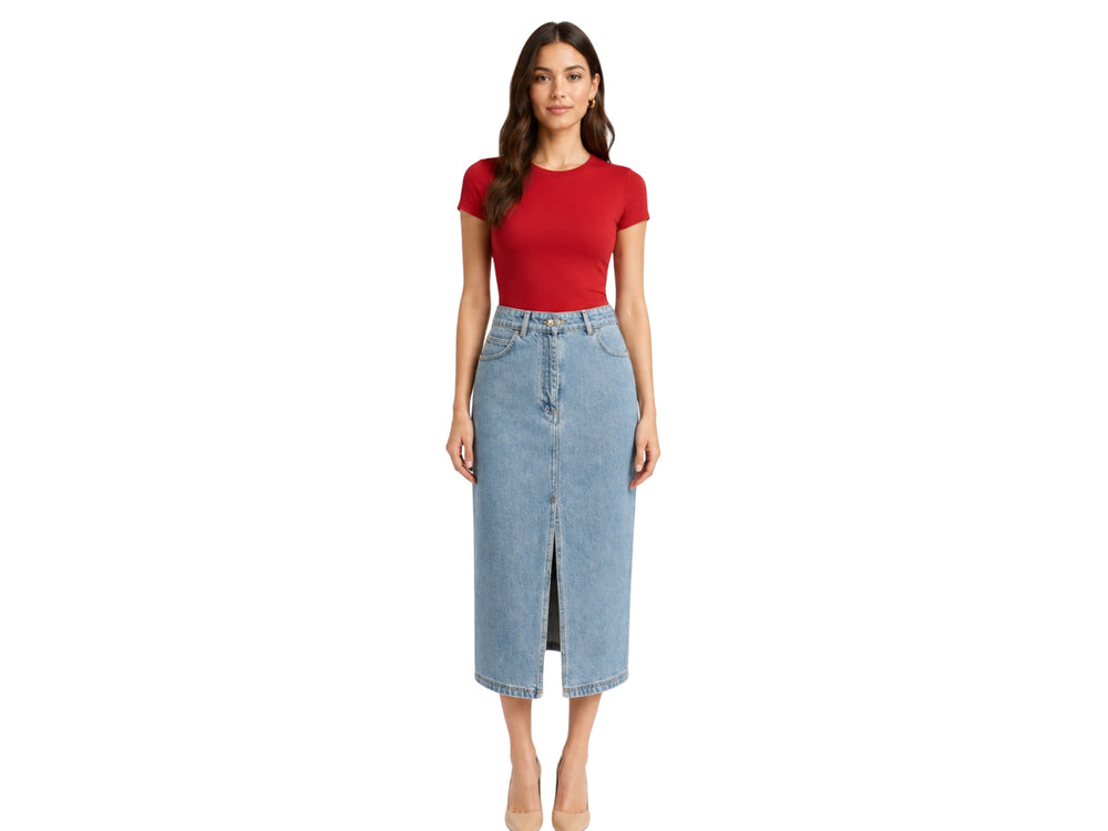 Custom Women’s Front-Slit Denim Midi Skirt for Private Labels front design preview