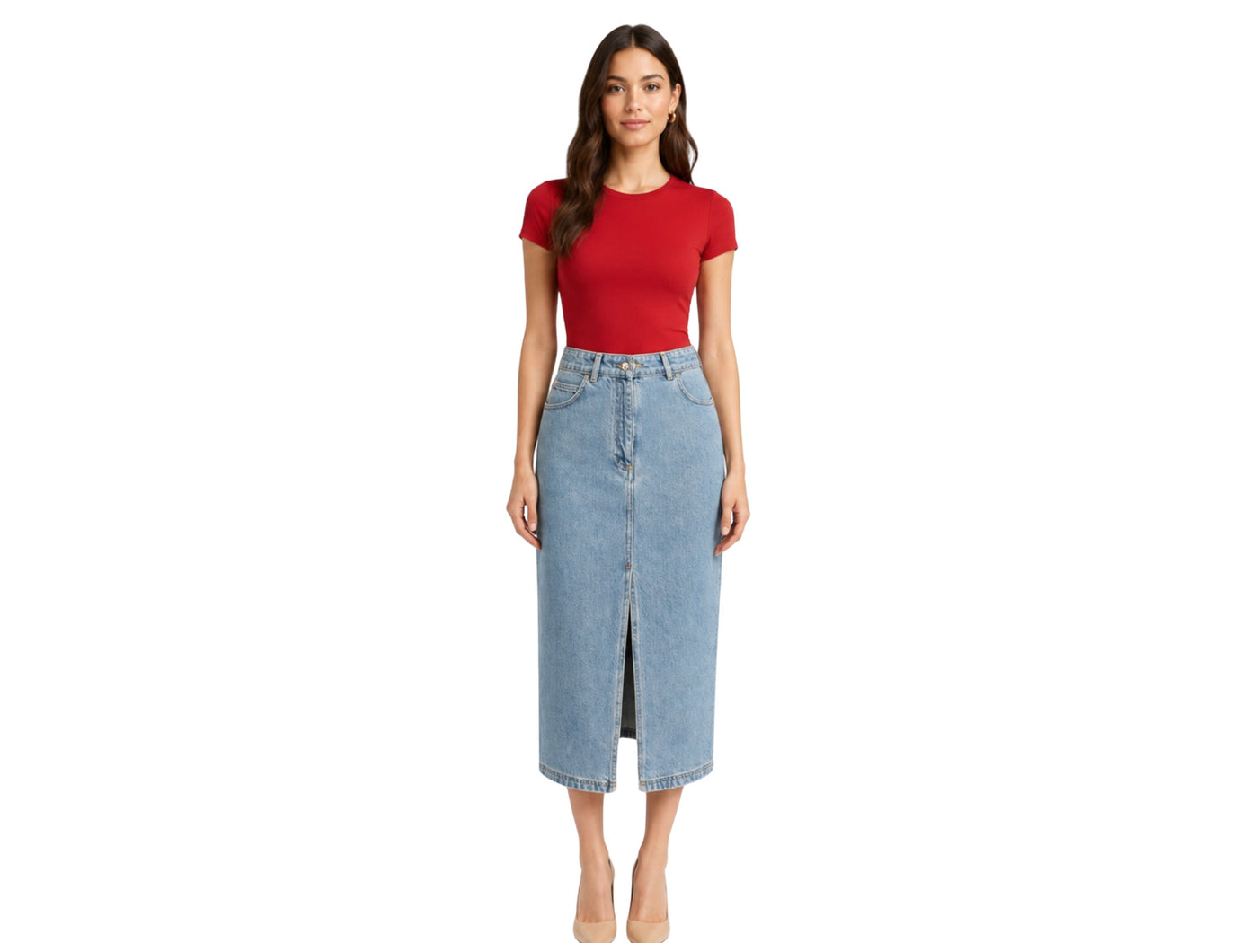 Custom Women’s Front-Slit Denim Midi Skirt for Private Labels