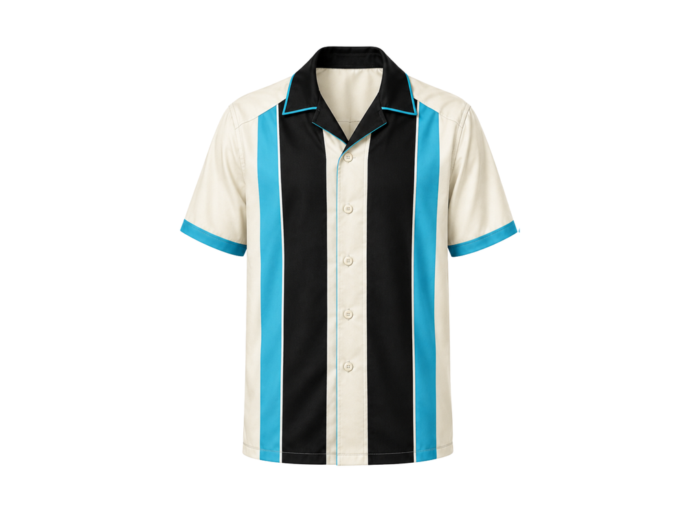 B2B Retro Bowling Shirt Cream Black Cyan Sublimated Button-Up Teamwear front design preview