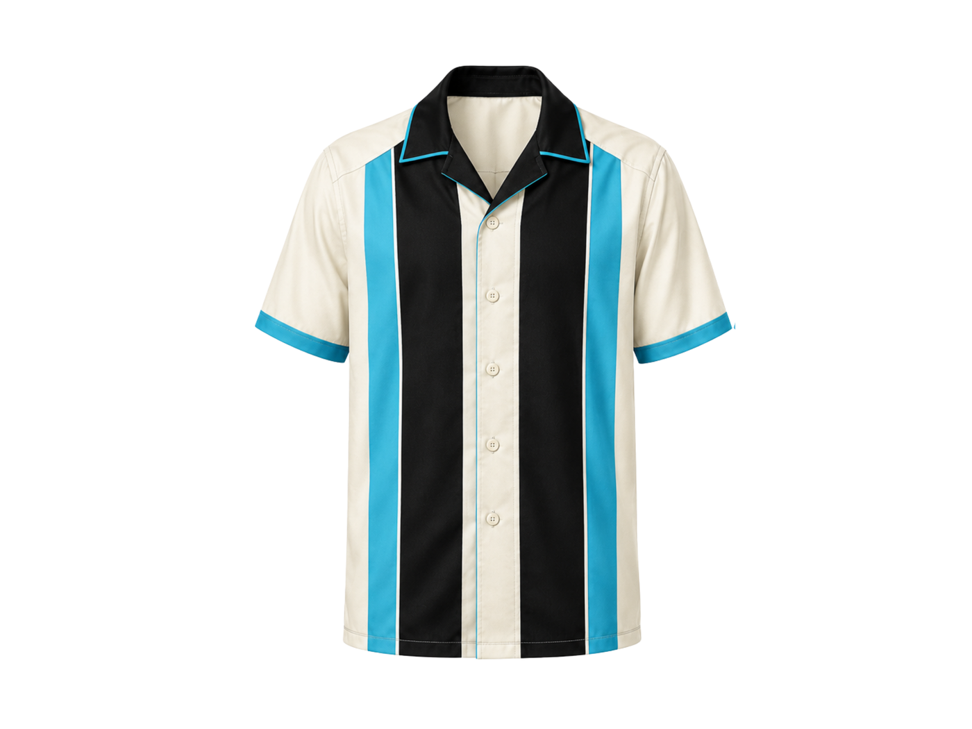 Custom Retro Bowling Shirt – Cream Black Cyan Sublimated Button-Up Teamwear