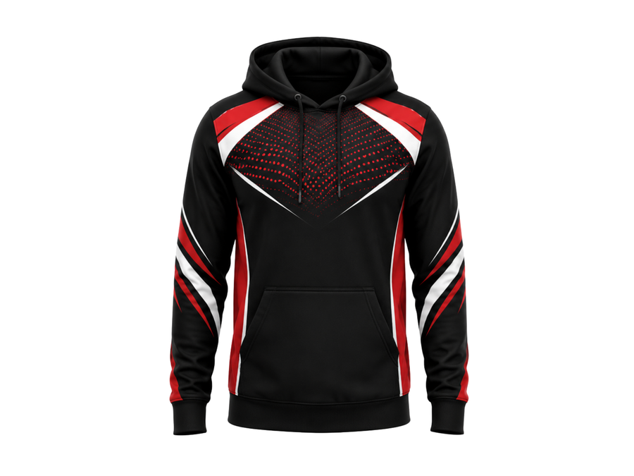 Custom Bowling Tournament Hoodie – Black Red White Sublimated Team Apparel design preview
