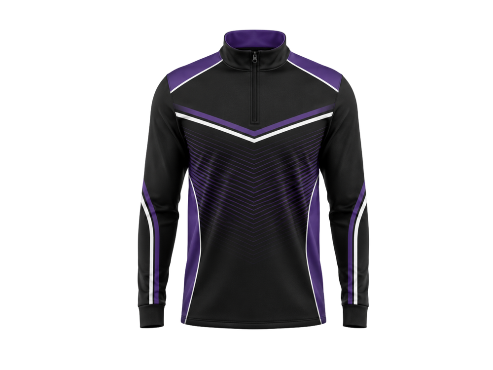 Custom Bowling Quarter-Zip Team Top – Black Purple White Sublimated Warm-Up front design preview