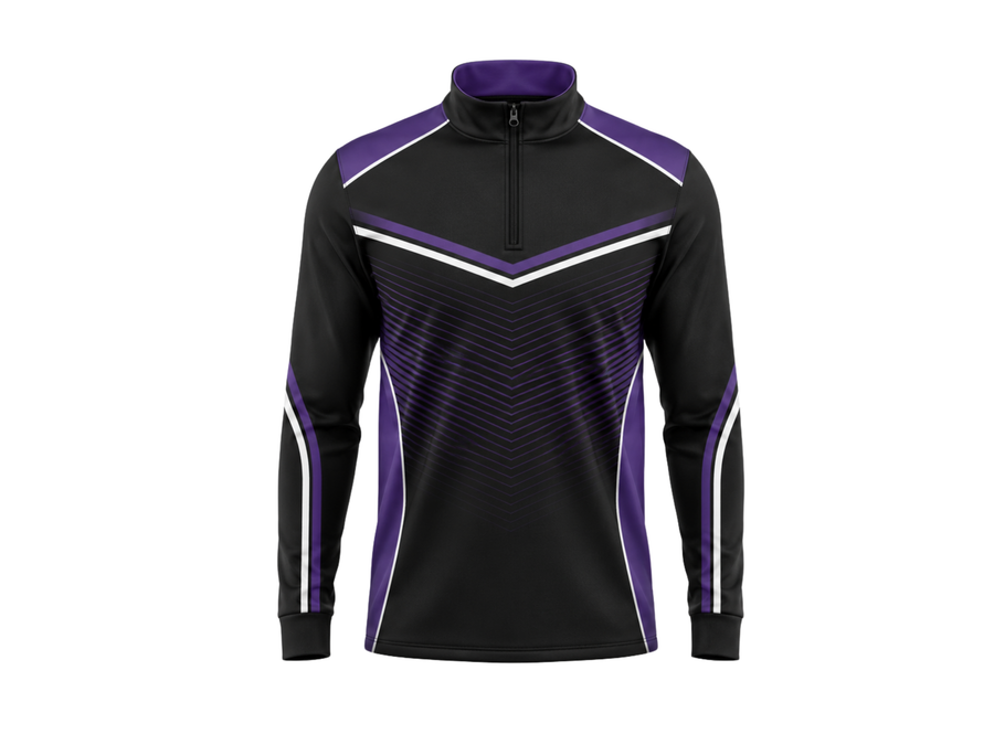 Custom Bowling Quarter-Zip Team Top – Black Purple White Sublimated Warm-Up design preview