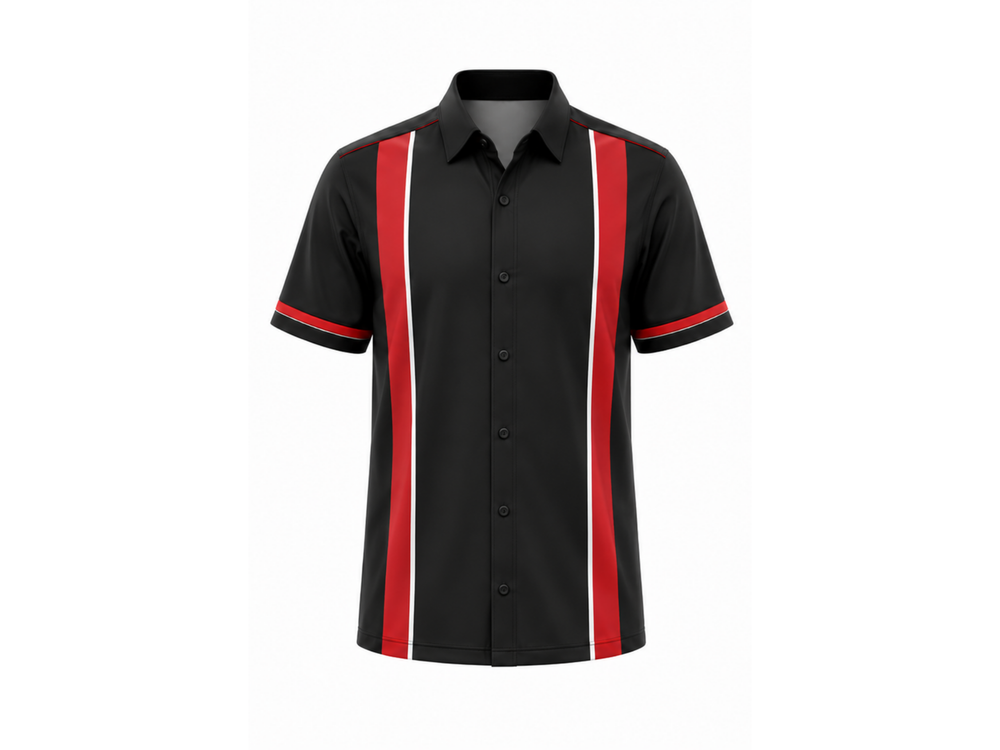 B2B Bowling Alley Staff Shirt Black Red Sublimated Button-Up Uniform front design preview