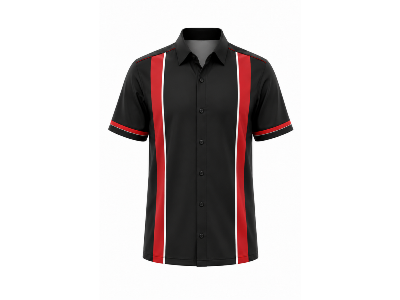 Custom Bowling Alley Staff Shirt – Black Red Sublimated Button-Up Uniform