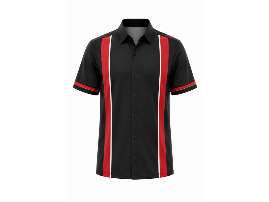 Custom Bowling Alley Staff Shirt – Black Red Sublimated Button-Up Uniform design preview