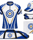 Custom Archery Team Kit – White Blue Gold Jersey, Cap, Arm Guard, Towel & Bag