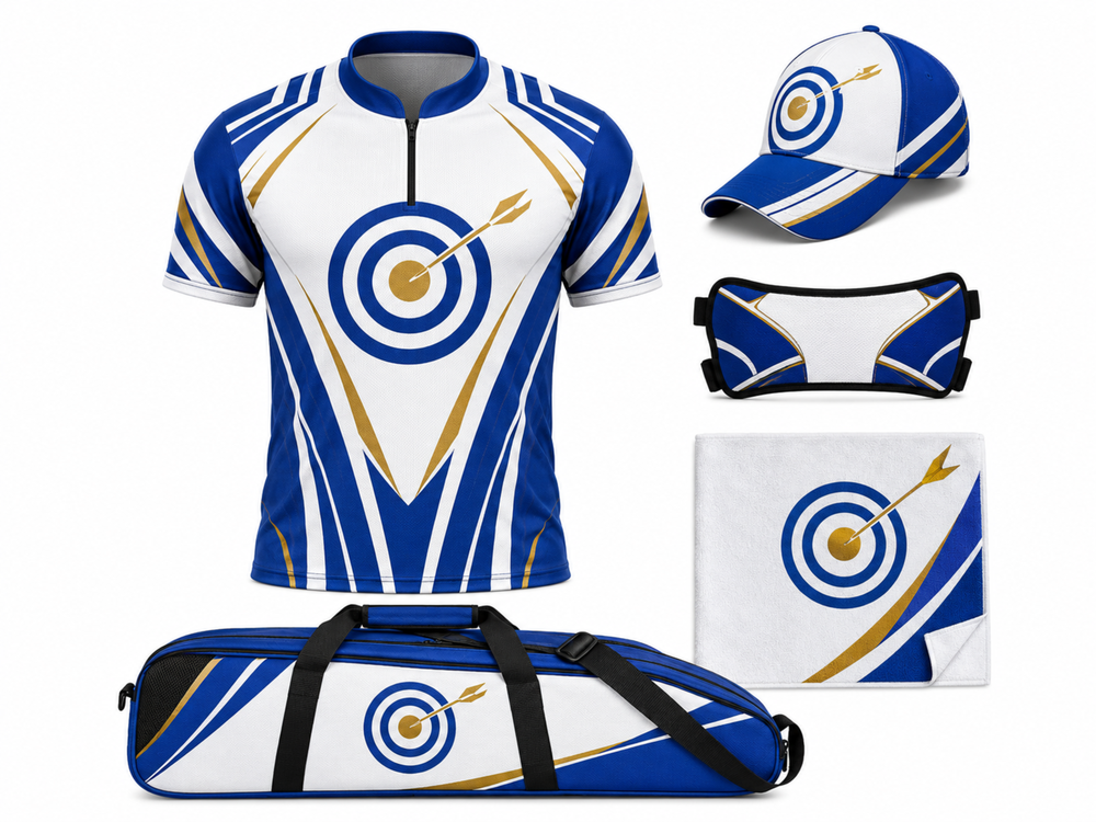Custom Archery Team Kit White Blue Gold Jersey,Cap,Arm Guard,Towel & Bag front design preview
