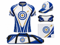 Custom Archery Team Kit – White Blue Gold Jersey, Cap, Arm Guard, Towel & Bag