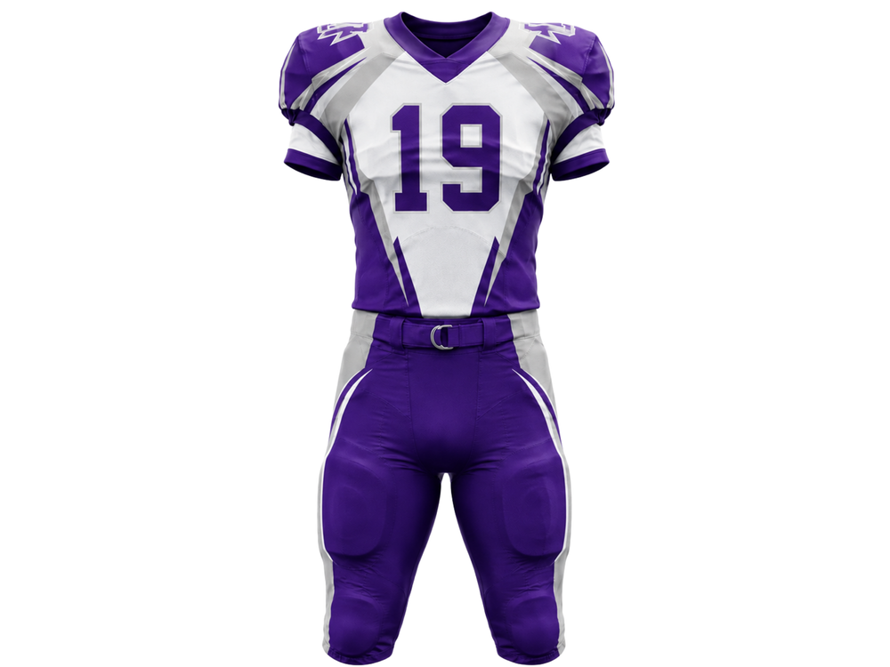 Wholesale Purple and White American Football Uniform Set – Polyester Jersey & Pants front design preview