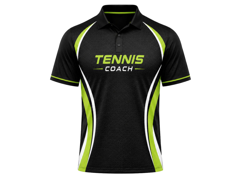 Custom Black Tennis Coach Polo – Lime Staff Team Shirt for Wholesale front design preview