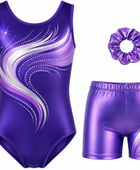 Custom Gymnastics Leotard Set | Wholesale Gym Team Set with Shorts and Scrunchie | Purple Silver White | Apparels Bridge