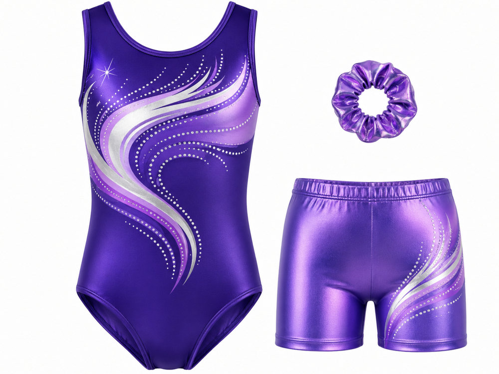 Custom Gymnastics Leotard Set | Wholesale Gym Team Set with Shorts and Scrunchie | Purple Silver White | Apparels Bridge front design preview