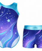 Custom Gymnastics Leotard and Shorts Set | Wholesale Gym Team Set | Navy Blue Purple Galaxy | Apparels Bridge