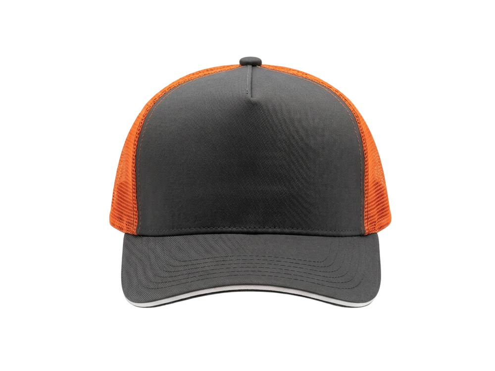 Custom B2B Cornhole Trucker Hat Charcoal Orange Team Cap Low MOQ front design preview