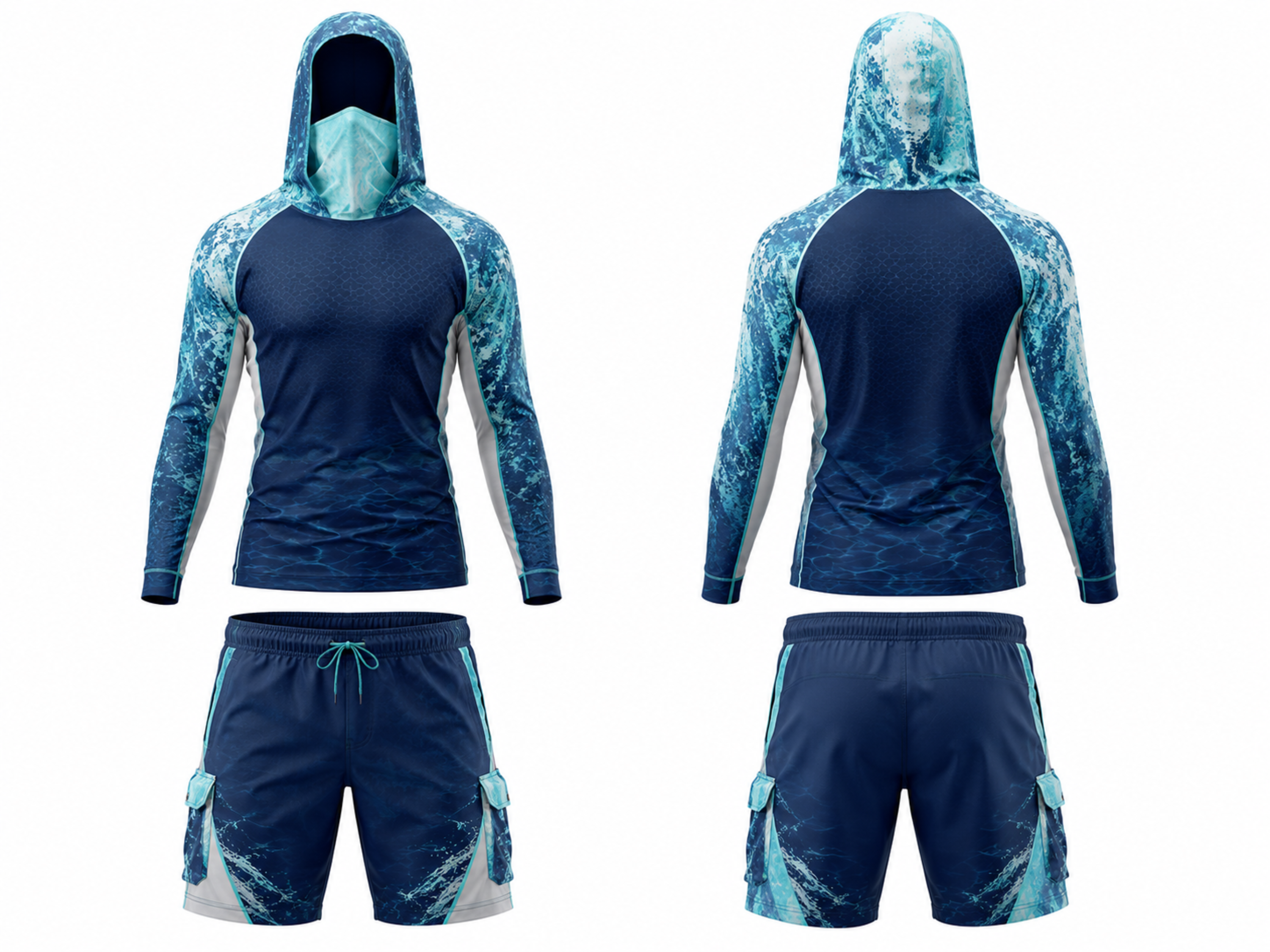 Custom Fishing Uniform – Blue & Aqua Hoodie Set, Wholesale, Low MOQ, Bulk Sportswear