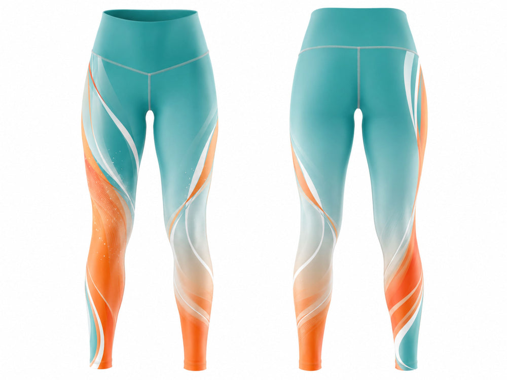 Custom Dance Team Leggings | Wholesale Dance Studio Performance Tights | Teal Orange White | Apparels Bridge front design preview