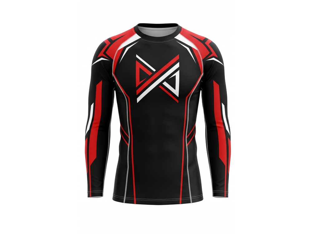 Custom MMA Rash Guard Full Sleeve Black Red Fight Teamwear for Wholesale Buyers front design preview