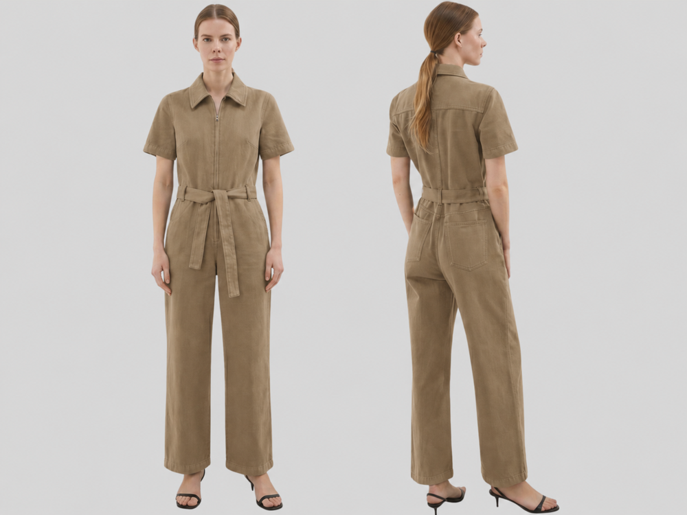 Wholesale Custom Taupe Denim Jumpsuit Manufacturer Private Label Zip Front Coverall front design preview