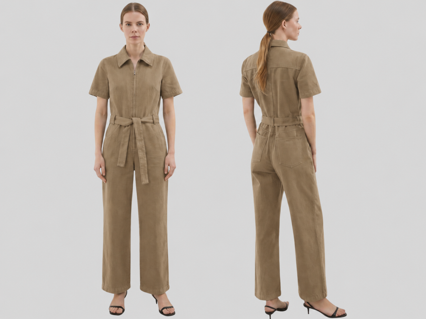 Wholesale Custom Taupe Denim Jumpsuit Manufacturer Private Label Zip Front Coverall