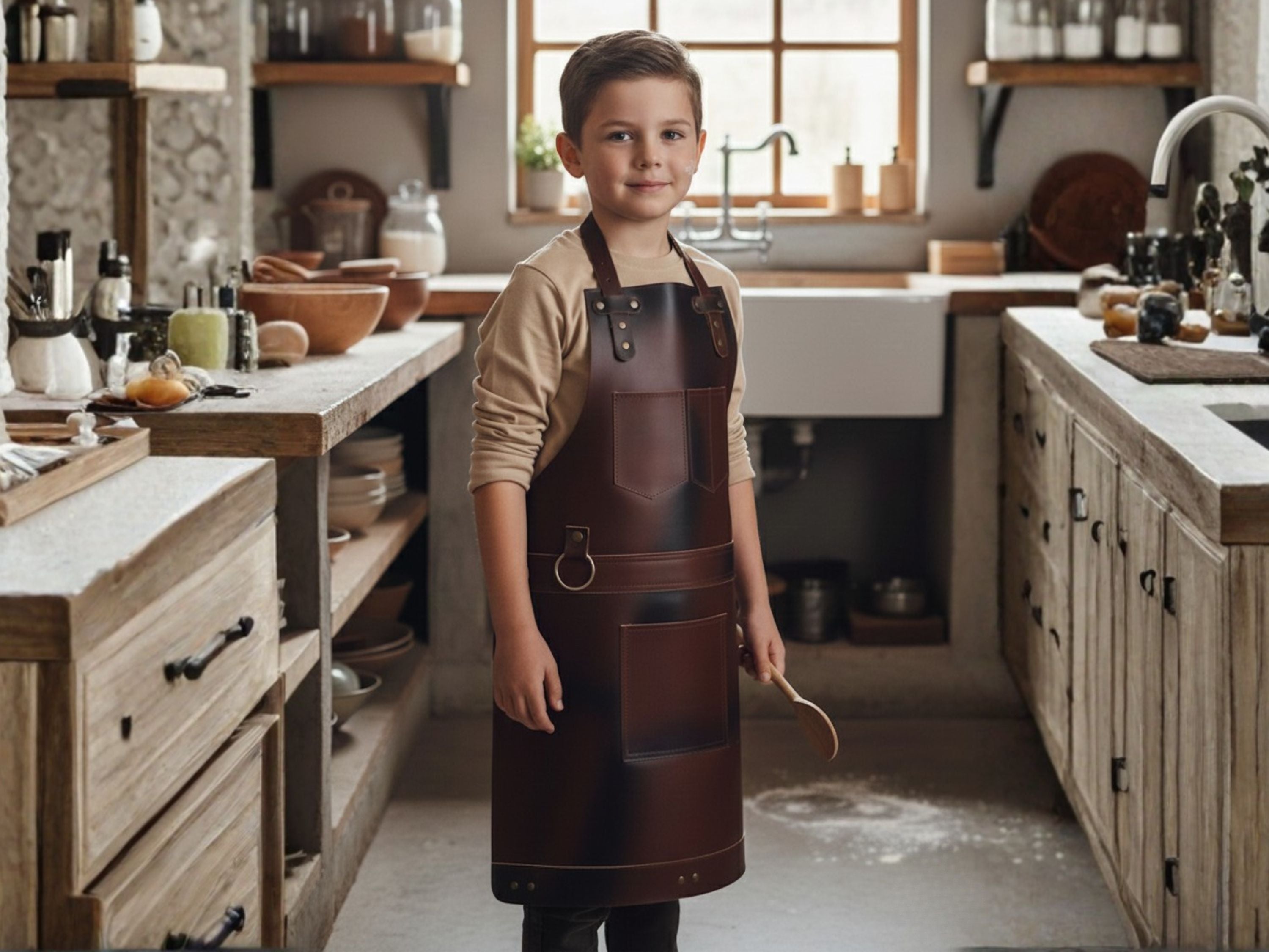 Kids Leather Apron Personalized Cooking Baking BBQ Apron for Boys and Girls