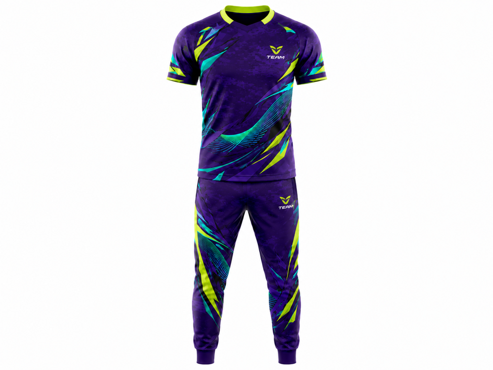 Custom Esports Team Uniform | Wholesale Gaming Jersey and Pants Set | Purple Teal Green Yellow | Apparels Bridge front design preview