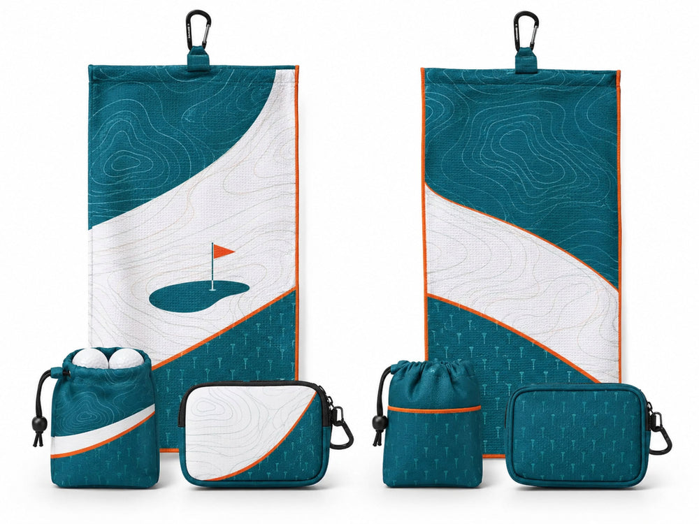 B2B Golf Towel Teal White Orange Tri-Fold Golf Towel with Carabiner Clip front design preview