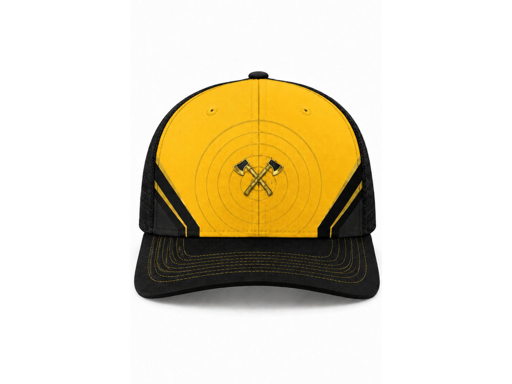 Axe Throwing Trucker Hat Yellow Black Mesh-Back Custom Venue Cap Wholesale front design preview