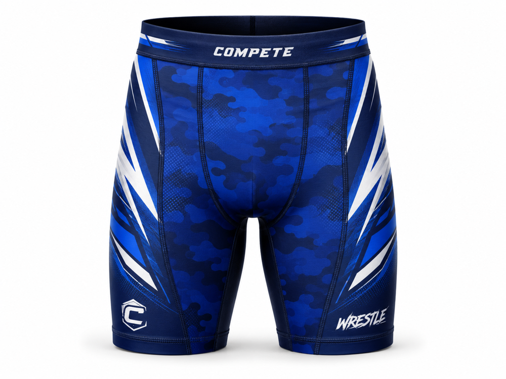 Custom Wrestling Compression Shorts | Wholesale Wrestling Team Shorts | Blue White | Apparels Bridge front design preview