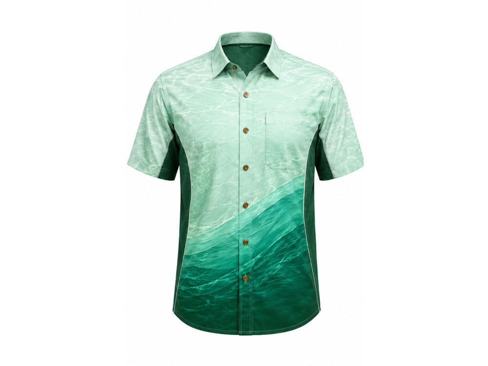 Custom Fishing Jersey – Green Gradient Button-Up, Wholesale, Low MOQ, Bulk Sportswear front design preview