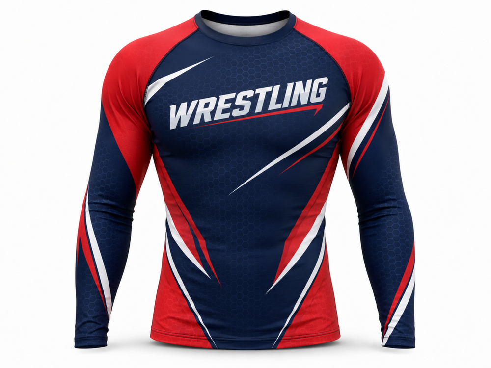Custom Wrestling Compression Shirt | Wholesale Wrestling Team Shirt | Navy Red White | Apparels Bridge front design preview