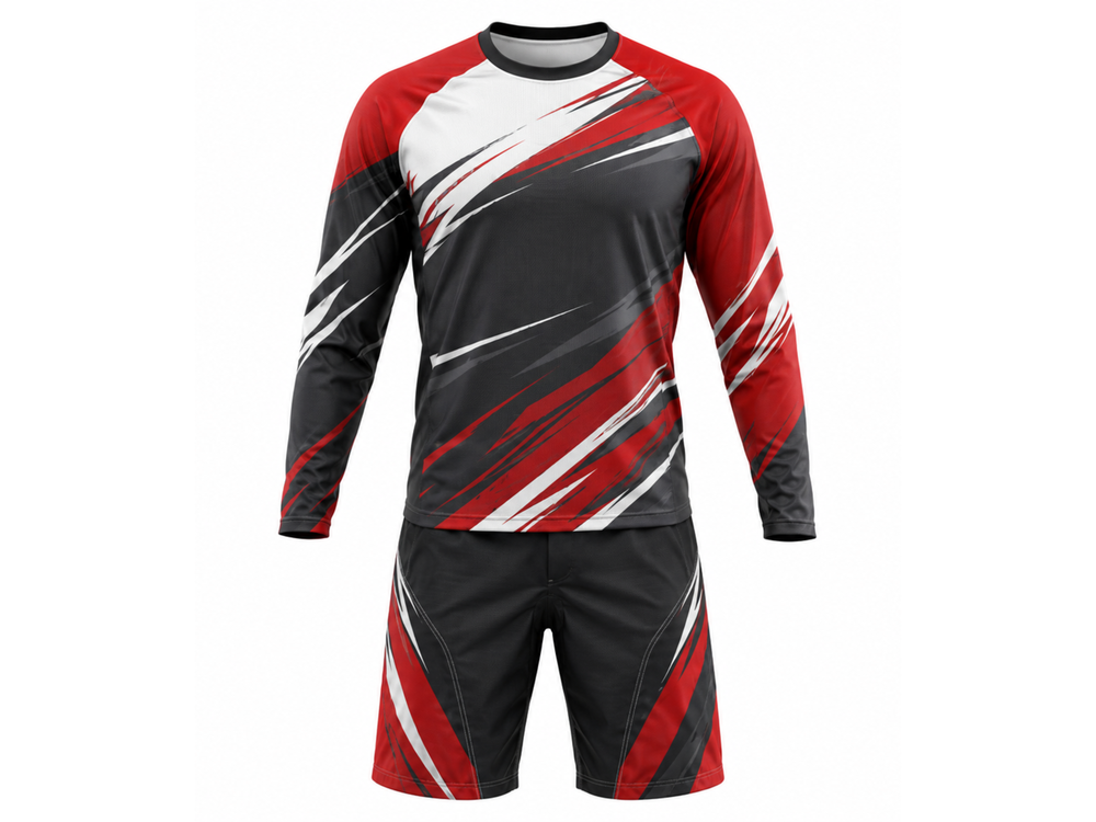 Custom MTB Jersey and Shorts Set | Wholesale Mountain Bike Team Kit | Black Red White | Apparels Bridge front design preview