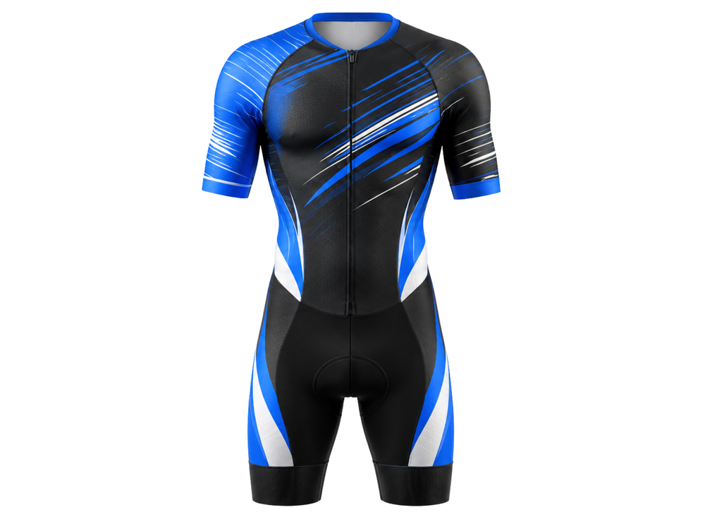 Custom Cycling Skin Suit | Wholesale Aero Race Suit | Black Blue White | Apparels Bridge front design preview