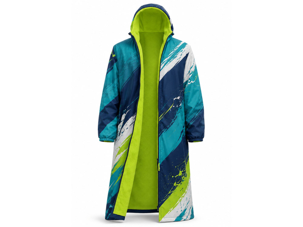 Custom Swim Parka – Teal Navy Wholesale Swim Team Deck Coat front design preview