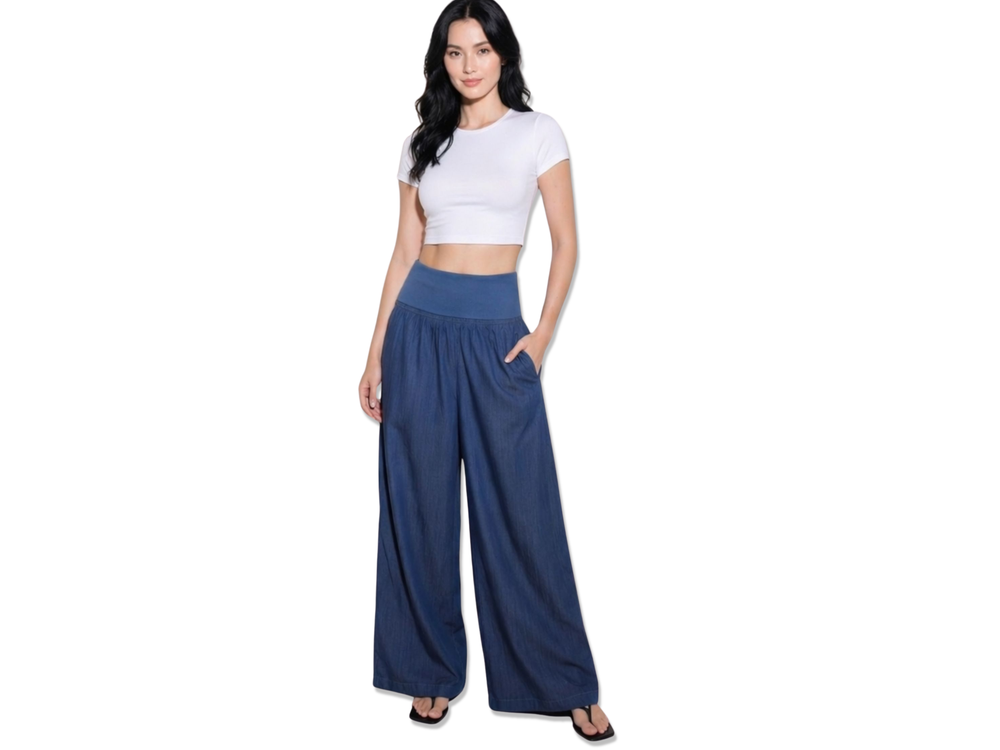 Wholesale Custom Indigo Wide Leg Denim Pants Manufacturer Private Label Palazzo Trousers front design preview