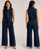 Wholesale Custom Dark Navy Denim Jumpsuit Manufacturer Private Label Wide Leg Coverall