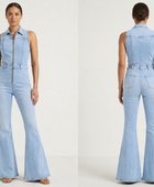 Wholesale Custom Light Blue Denim Jumpsuit Manufacturer Private Label Zip Front Flare Boilersuit
