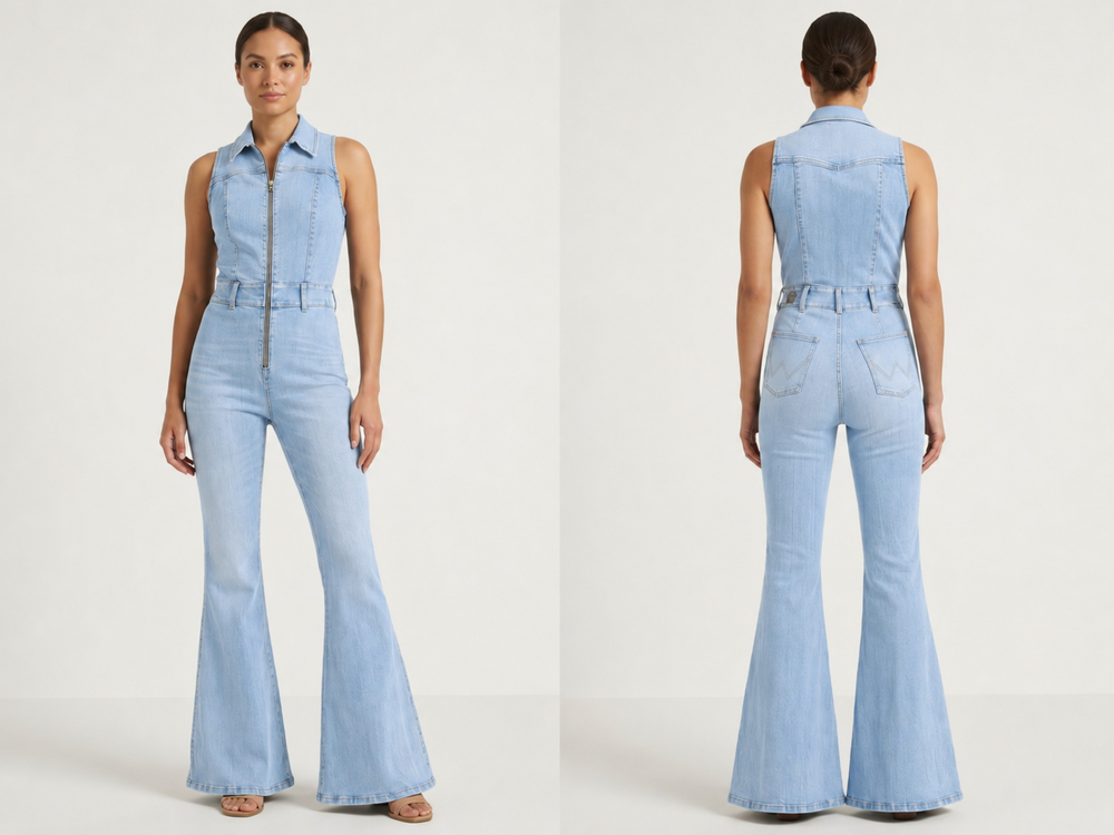Wholesale Custom Light Blue Denim Jumpsuit Manufacturer Private Label Zip Front Flare Boilersuit front design preview