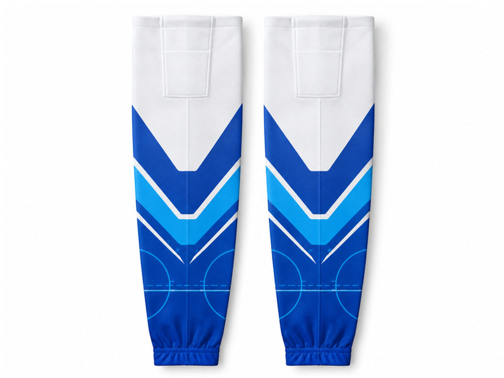 Custom Ice Hockey Socks – White Blue Sublimated Team Hockey Socks for Wholesale Orders front design preview