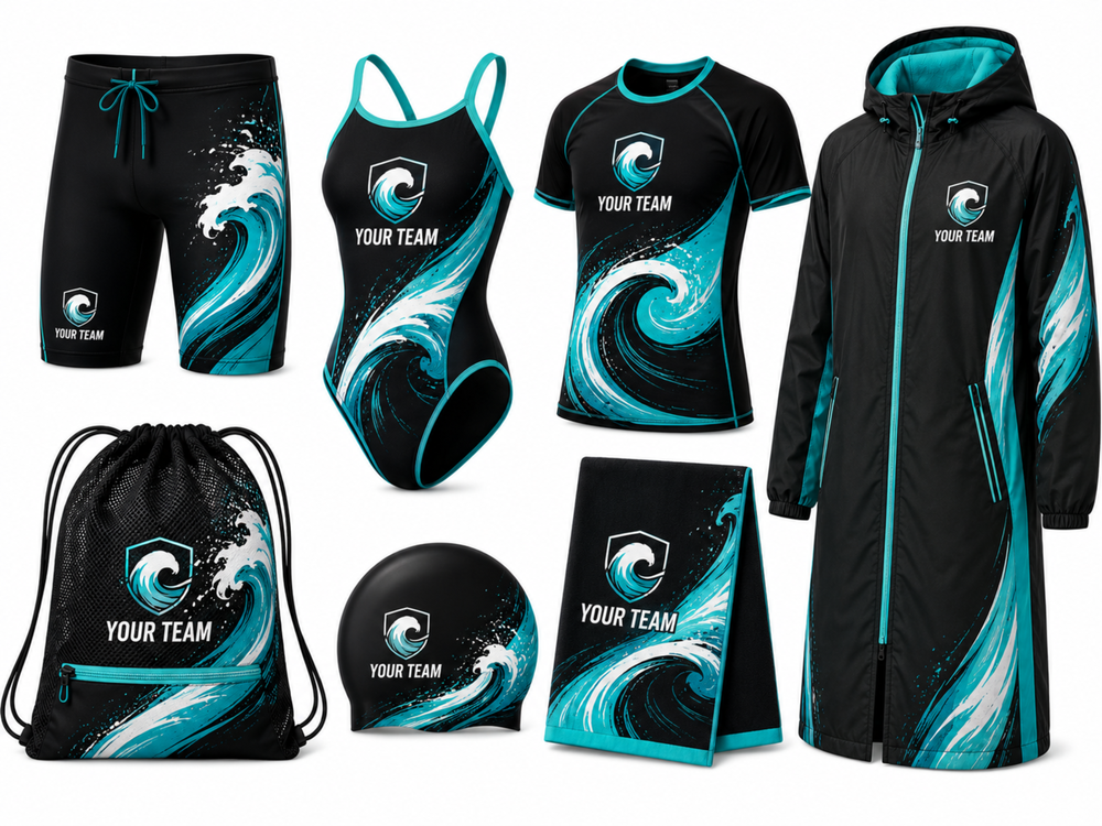 Custom Full Swim Team Package Black Teal Wholesale Swim Kit front design preview