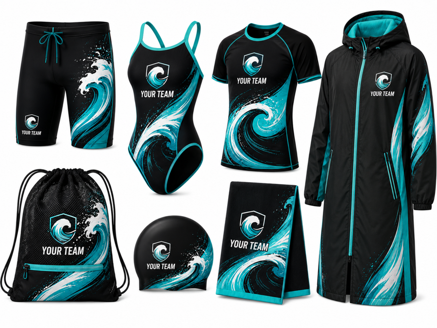 Custom Full Swim Team Package Black Teal Wholesale Swim Kit design preview