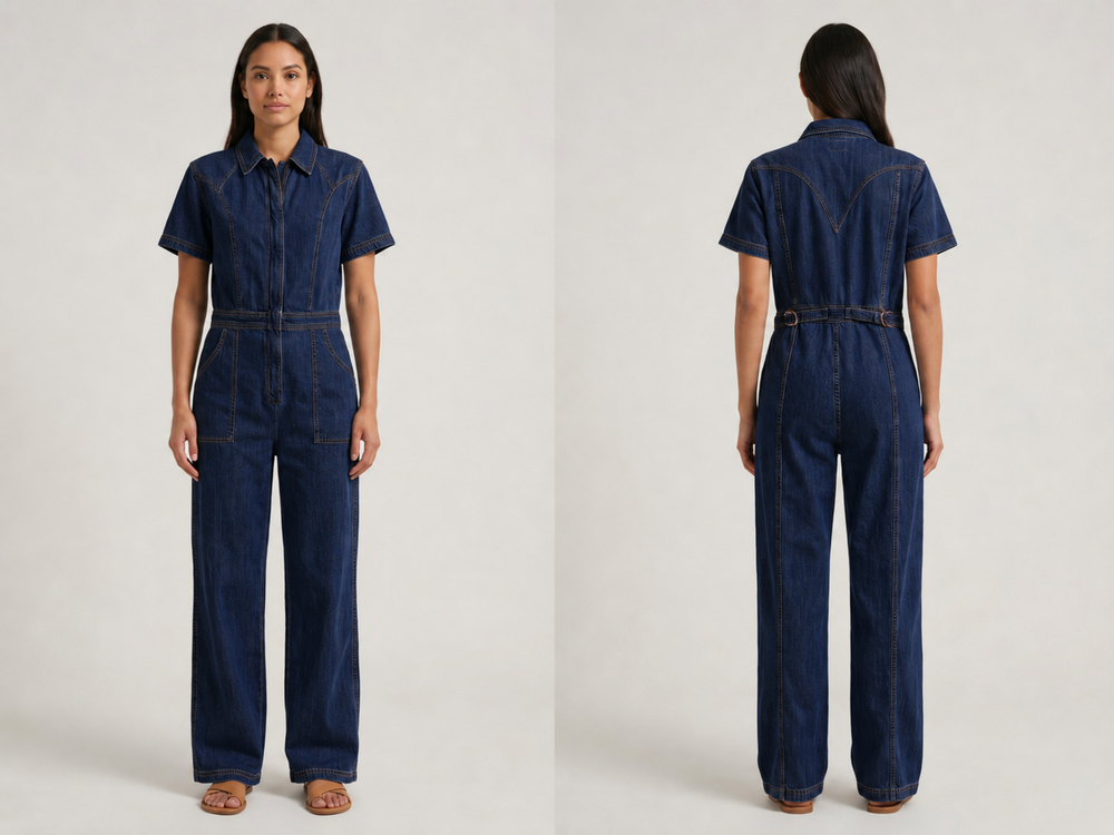 Wholesale Custom Dark Navy Denim Jumpsuit Manufacturer Private Label Zip Front Boilersuit front design preview