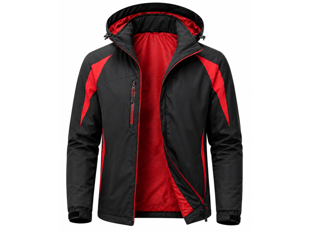 Waterproof Hooded Jacket Black and Red | B2B Low MOQ front design preview