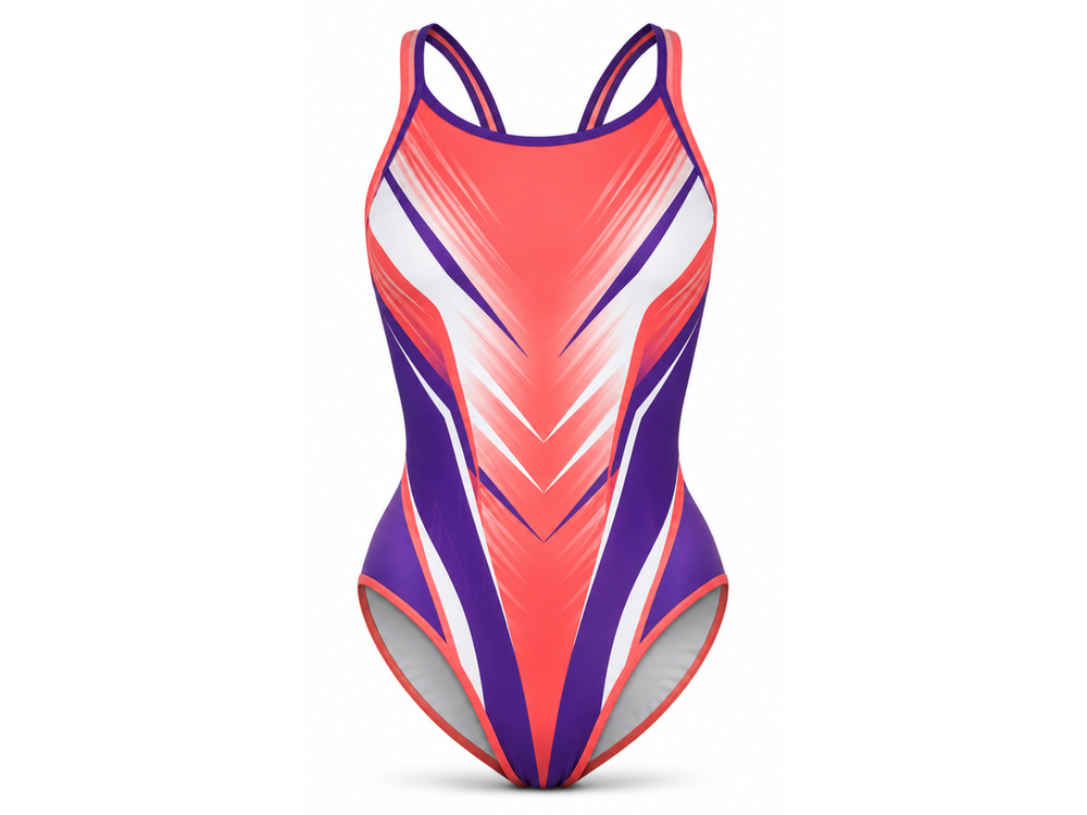 Custom Swim Team Suit – Coral Purple Wholesale Team Swimsuit front design preview